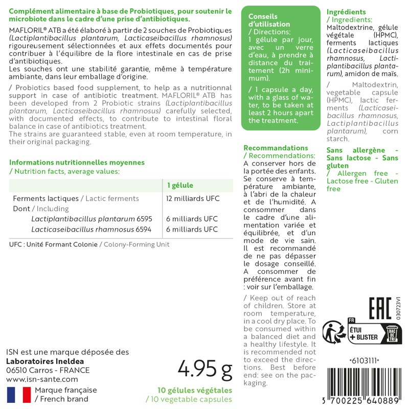 MAFLORIL® ATB : Soutient en cas de prise d’antibiotiques - Cure 10j MAFLORIL® ATB : Soutient en cas de prise d’antibiotiques - Cure 10j