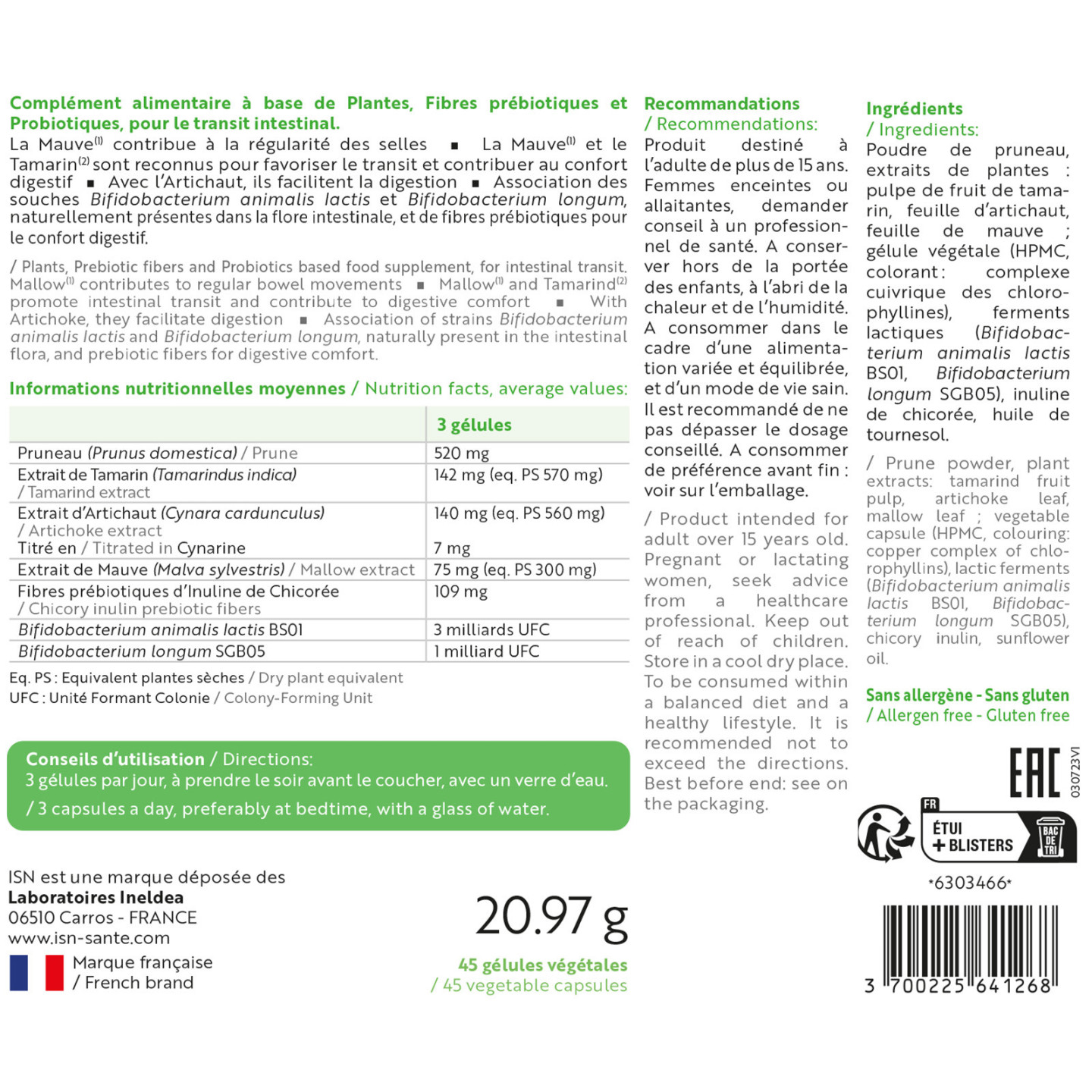 TRANSIREGUL® - Régularité du transit intestinal - 45 gélules végétales